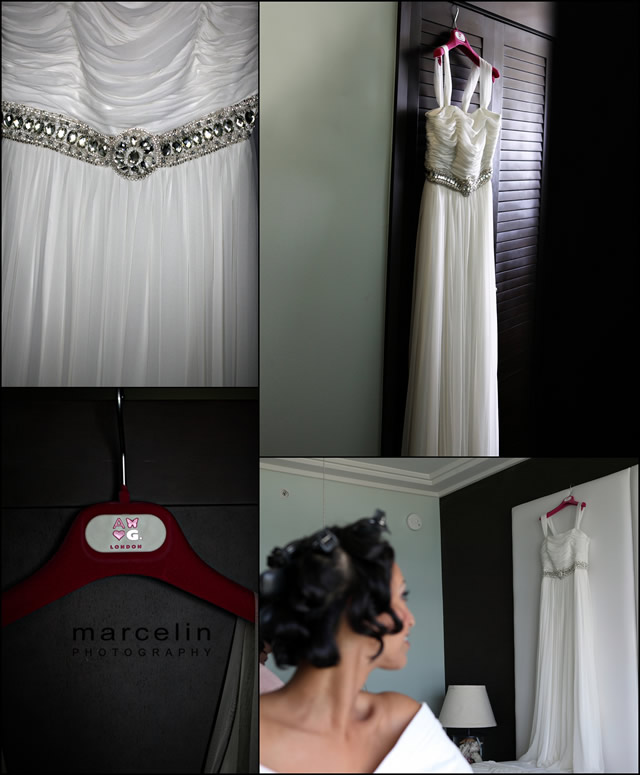 bride looking at hanging dress room at palms hotel